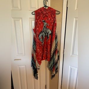 Crazy Train Red Paisley Fringe Draped Vest with Rodeo Graphic